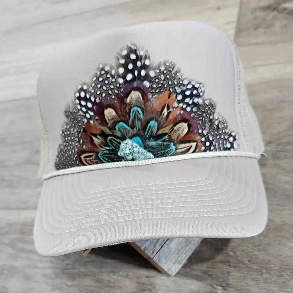 Funk Town Tees Feather Western Trucker Hat, Trucker Hat With Feathers Khaki | Default - #Kah32-KAH32