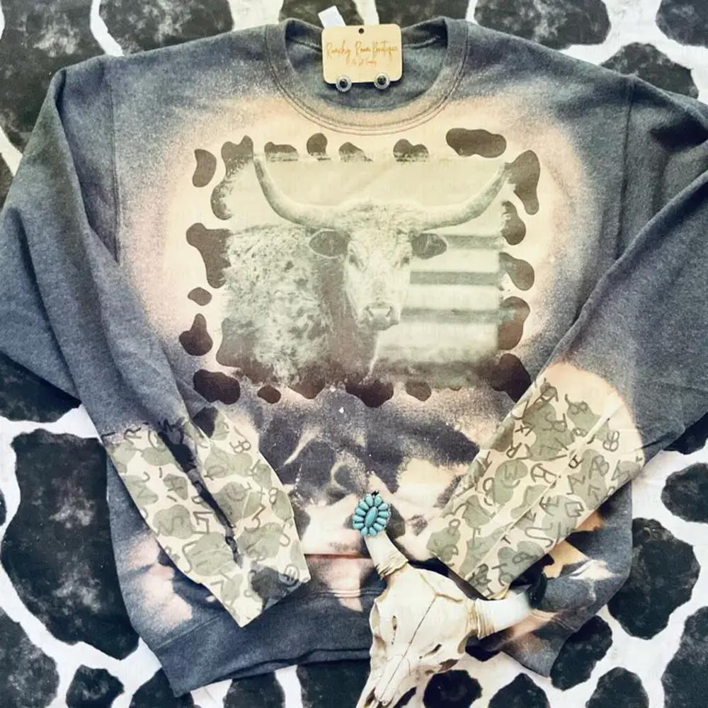 Ranchy Roan Longhorn Cow Print Cattle Sweatshirt-RRS7