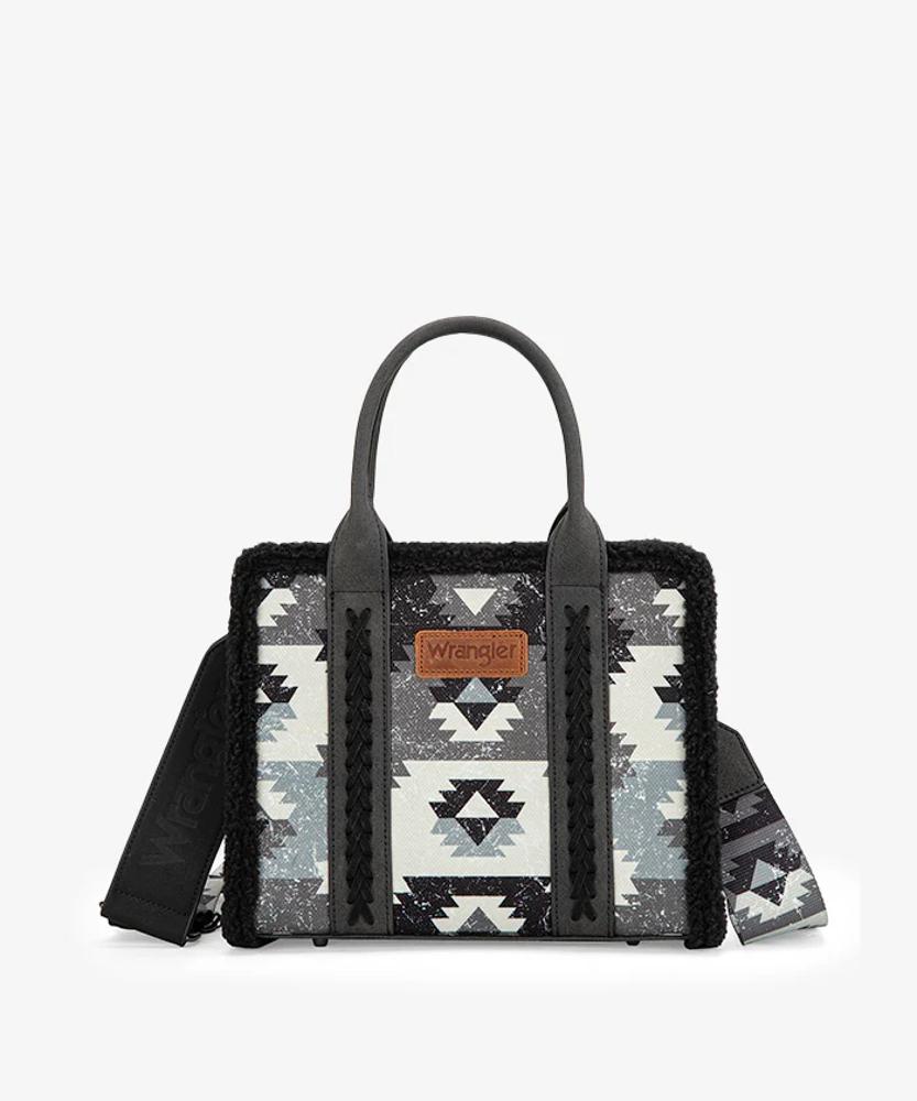 Montana West Wrangler Sherpa Southwestern Print Mall Canvas Tote/Crossbody Black-WG166-8120SBK