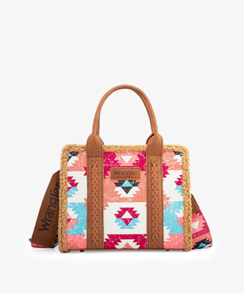 Montana West Wrangler Sherpa Southwestern Print Mall Canvas Tote/Crossbody Brown-WG166-8120SBR