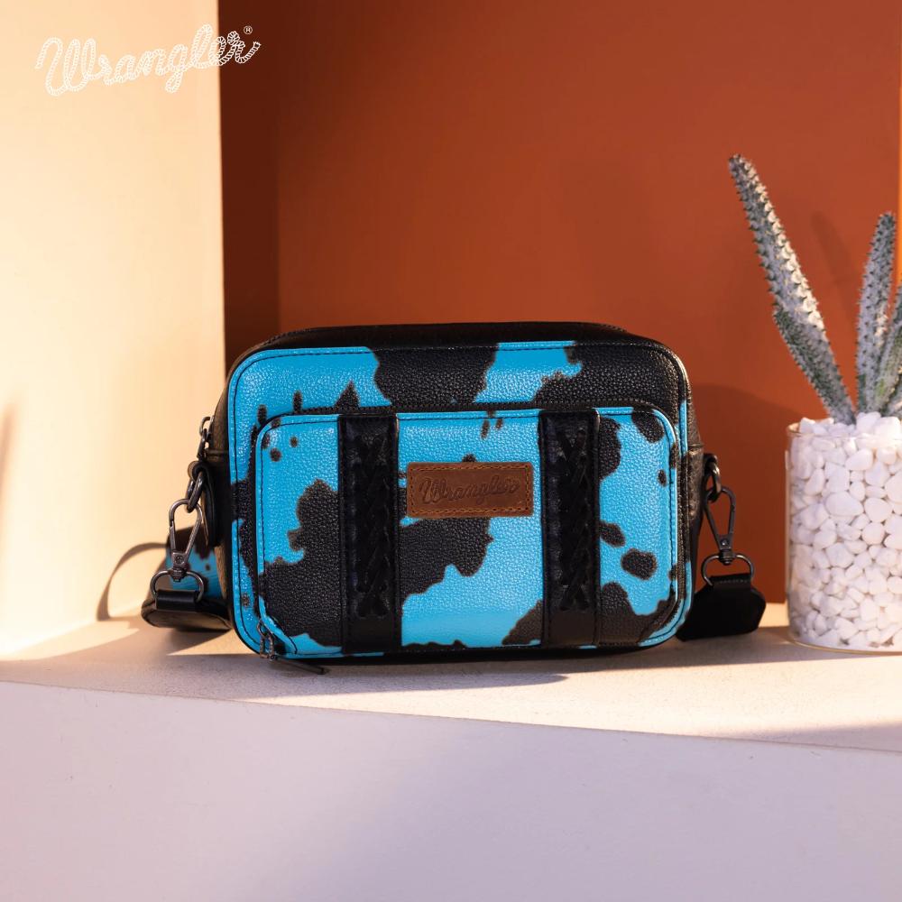 Montana West Wrangler Cow Print Crossbody Purse With Wallet Compartment - Blue - Blue-WG133-3003BL