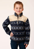Roper Kids 1/4 Zip Polar Fleece Navy Aztec - Burgundy-397-692-6161BU