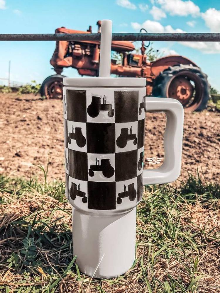 Flying S Kids 24oz Western Tumbler | Grey Checked Tractor-1572-GR-CKTR