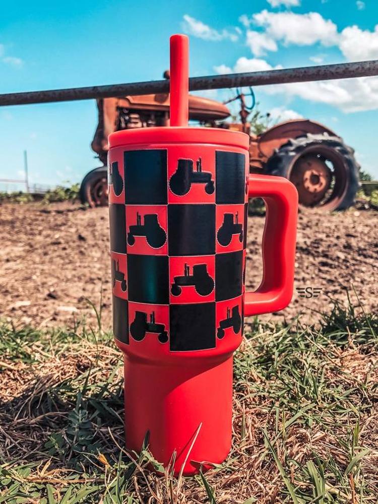 Flying S Kids 24oz Western Tumbler | Red Checked Tractor-1572-RE-CKTR