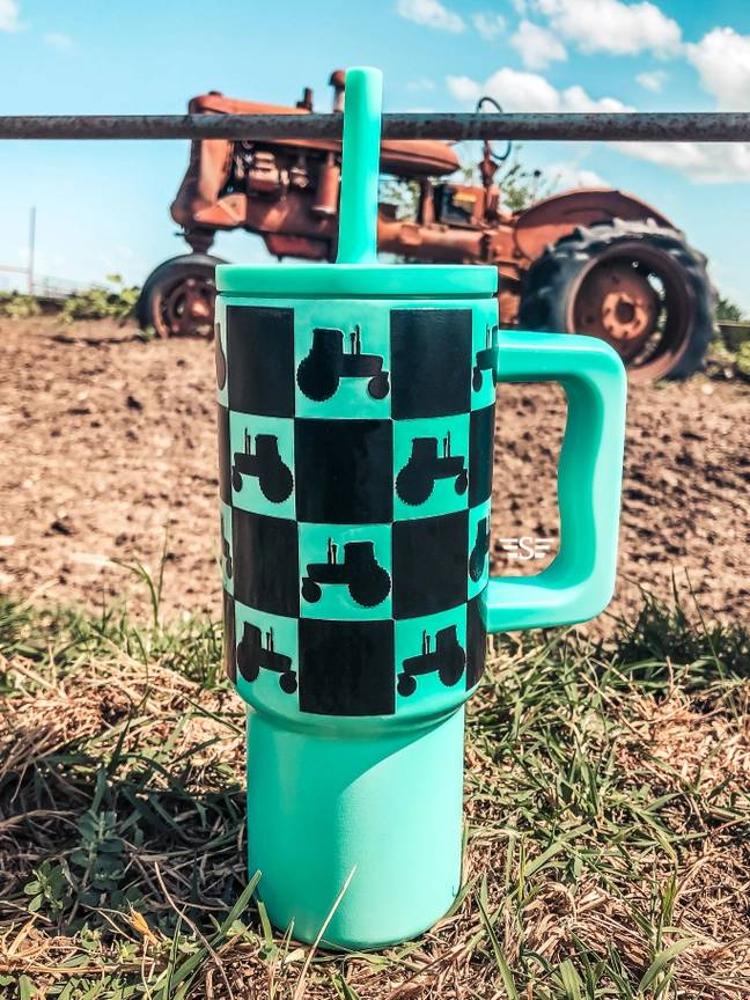 Flying S Kids 24oz Western Tumbler | Turquoise Checked Tractor-1572-TU-CKTR