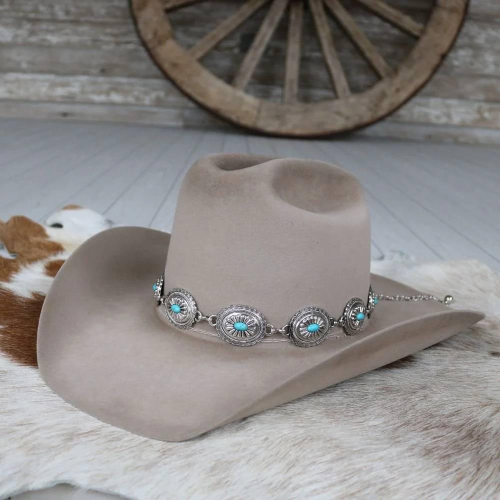 Willow Lane Hat Co Silver Concho Chain Hat Band Turquoise Stone-WL-CNCH04