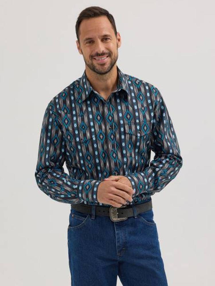 Wrangler Mens Checotah Aztec Black Western Shirt Blue Grey-112355377