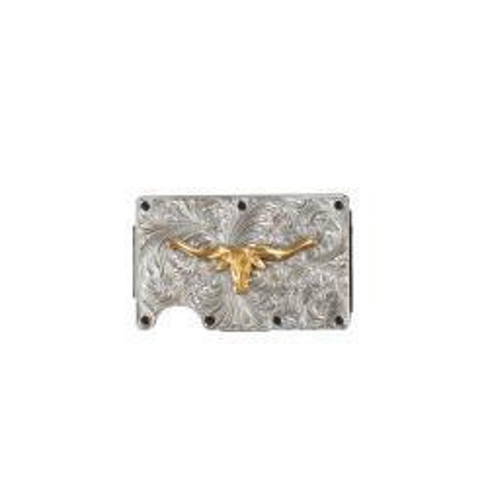 M&F Western 3D Mens Utility Wallet Gold Long Horn Motif Silver