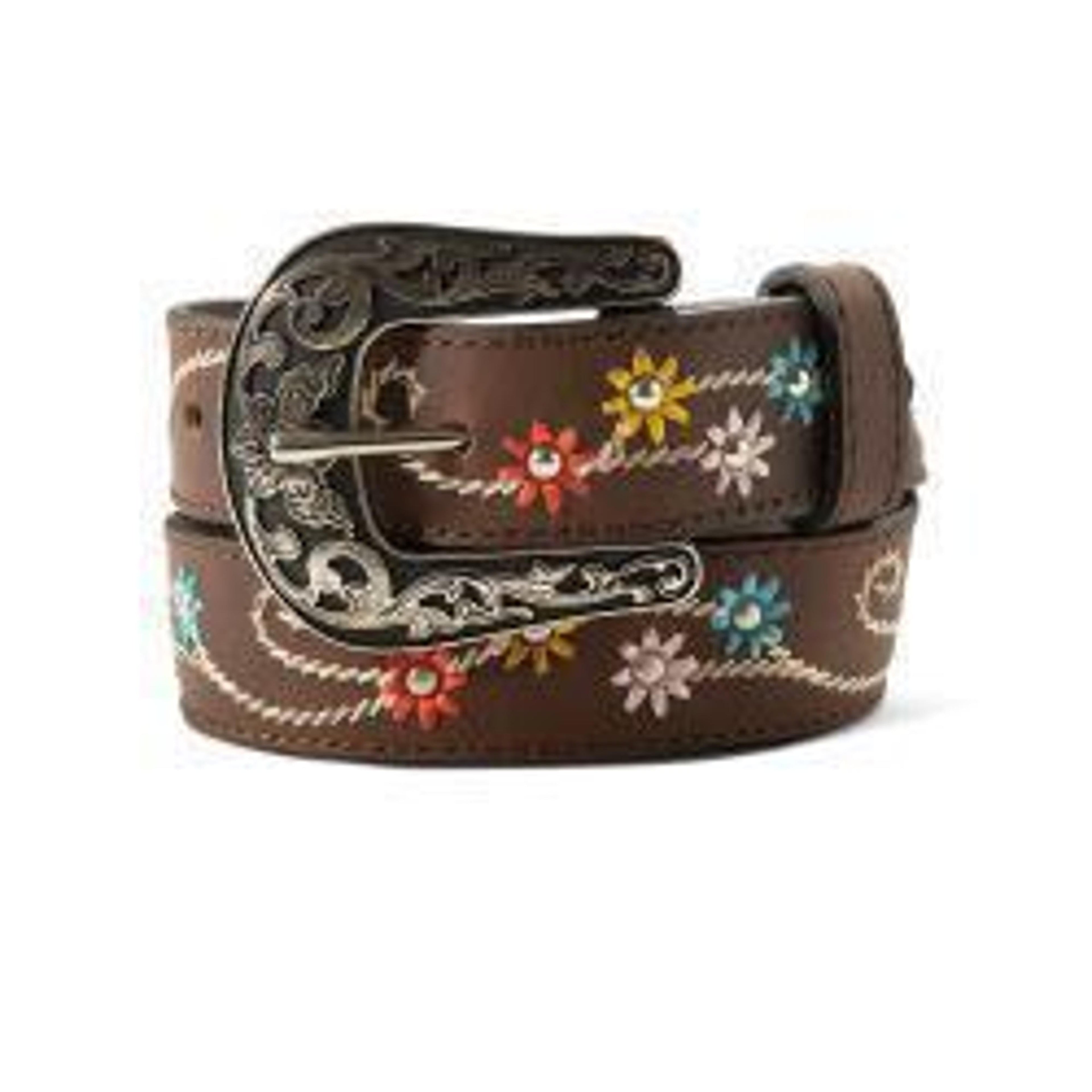 M and F Western Ariat Girls Belt 1 1/4" Embroidered Flowers Brown - Me
