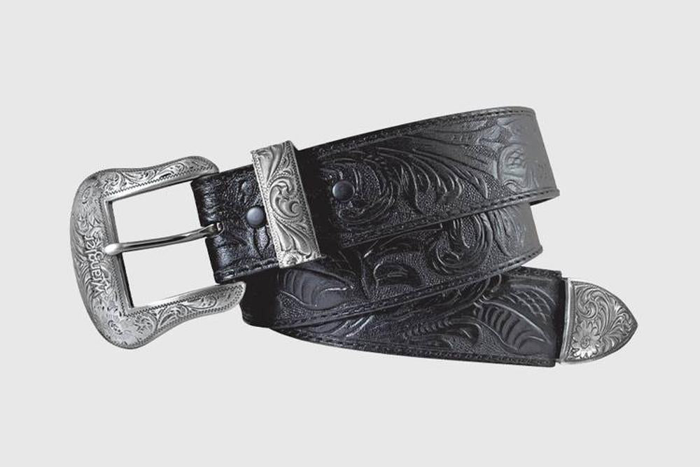 Gem-Dandy Mens Wrangler Embossed Black Belt with Three Piece Western Buckle Set-7716511-001