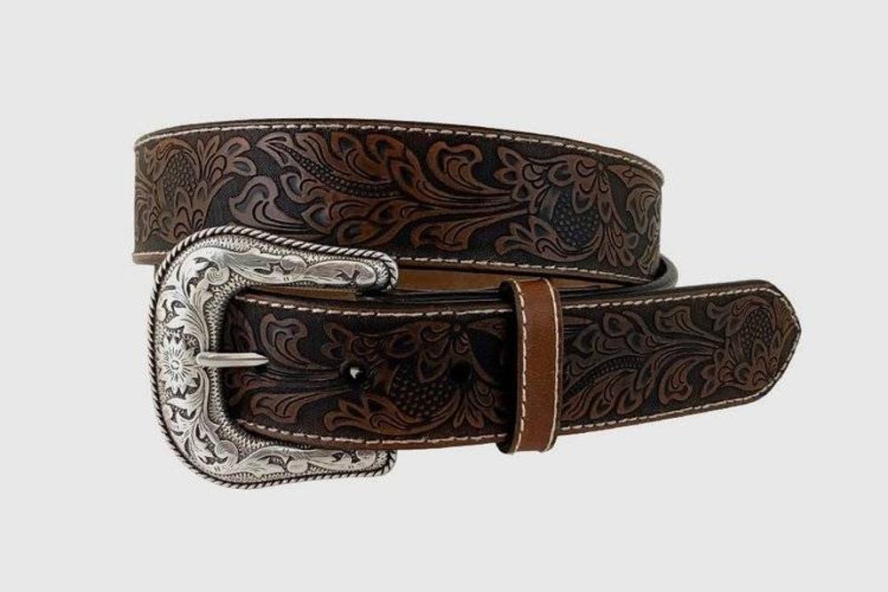 Gem-Dandy Mens Brown Leather Floral Embossed Belt-9556500-104