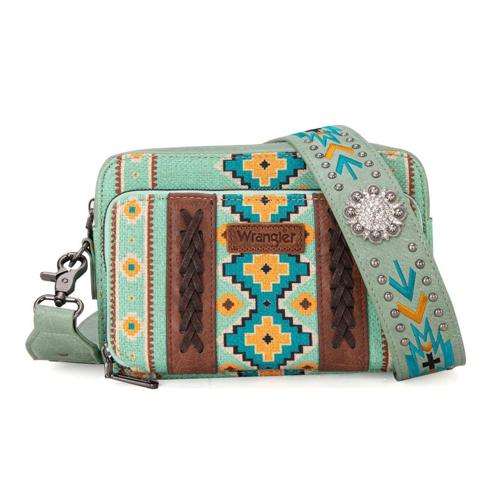 Montana West Wrangler Aztec Printed Crossbody Purse With Wallet Compartment - Green-WG2207-3003GRN