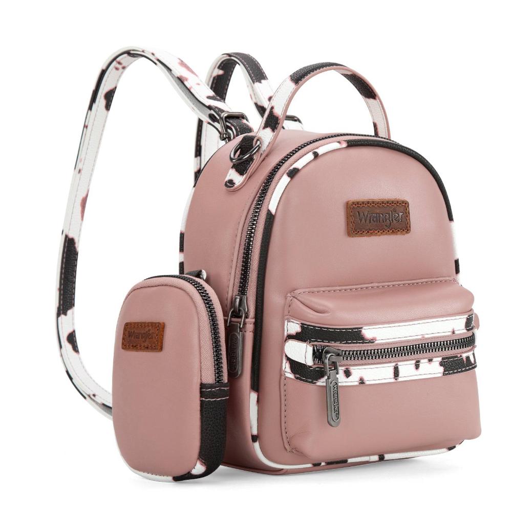 Montana West Wrangler Cow Print Trimmed Mini Backpack With Coin Pouch - Pink-WG102-8600PNK