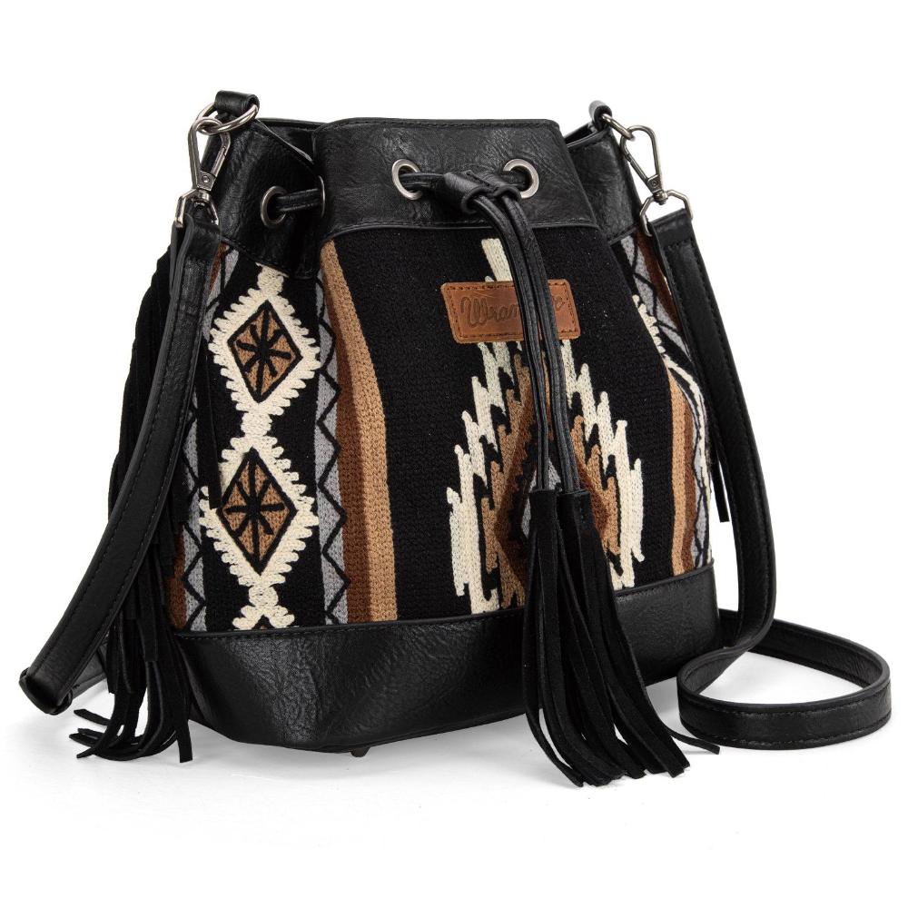 Montana West Wrangler Southwestern Knitted Drawstring Crossbody Bag - Black-WG174-2029BL