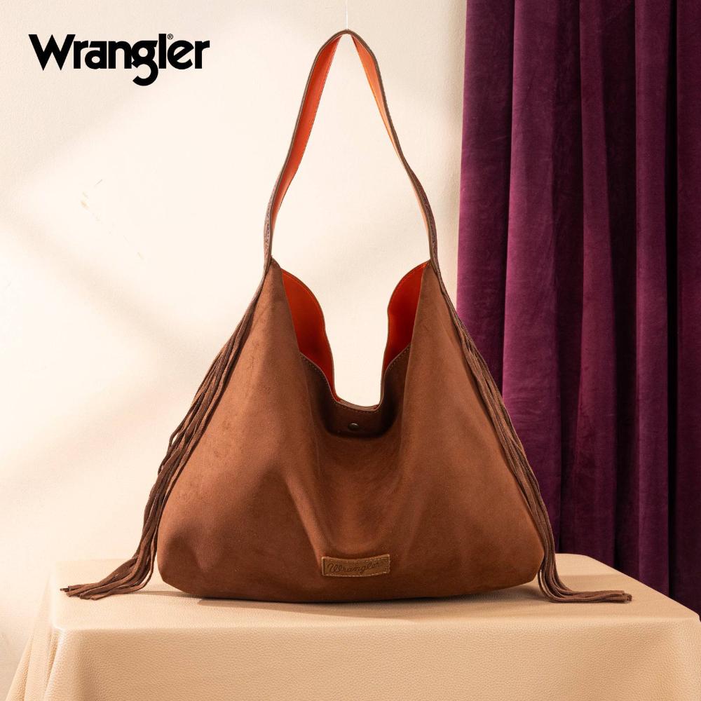 Montana West Wrangler Fringe Floral Tooled Hobo Bag-Brown-Orange-WG239-9182BR