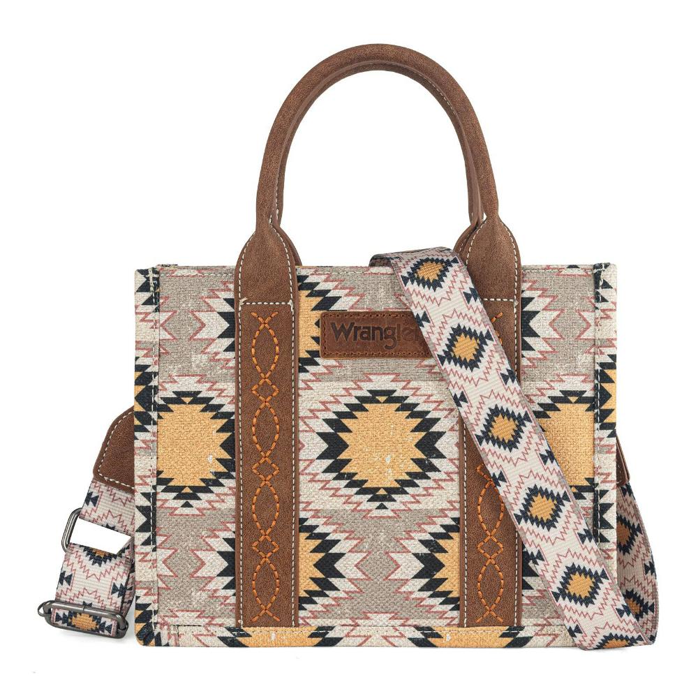Montana West Wrangler Aztec Distressed Print Dual Sided Print -Tote/Crossbody -Beige-WG221-8120BEI