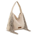 Montana West Wrangler Fringe Studded Hobo Bag- Beige-WG244-9182BEI