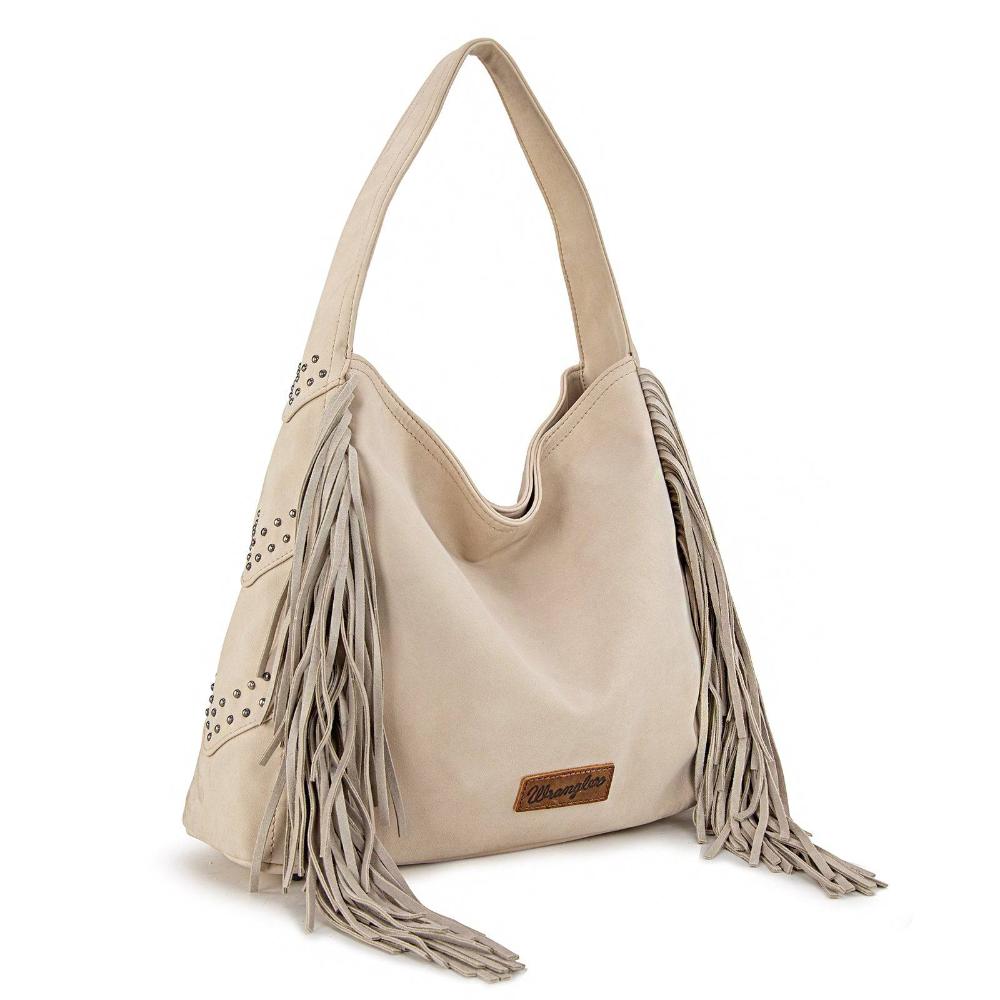 Montana West Wrangler Fringe Studded Hobo Bag- Beige-WG244-9182BEI