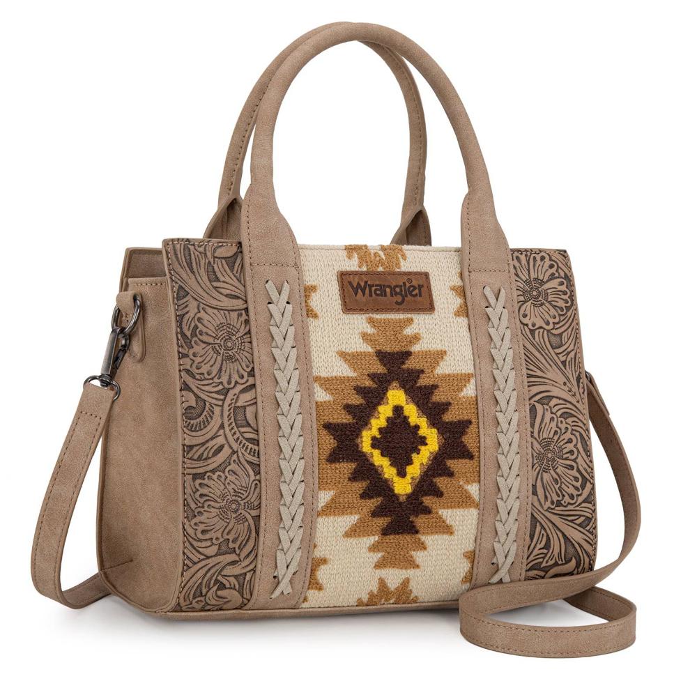 Montana West Wrangler Tooled Aztec Pattern Print Concealed Carry Tote/Crossbody -Beige-WG226-8120BEI