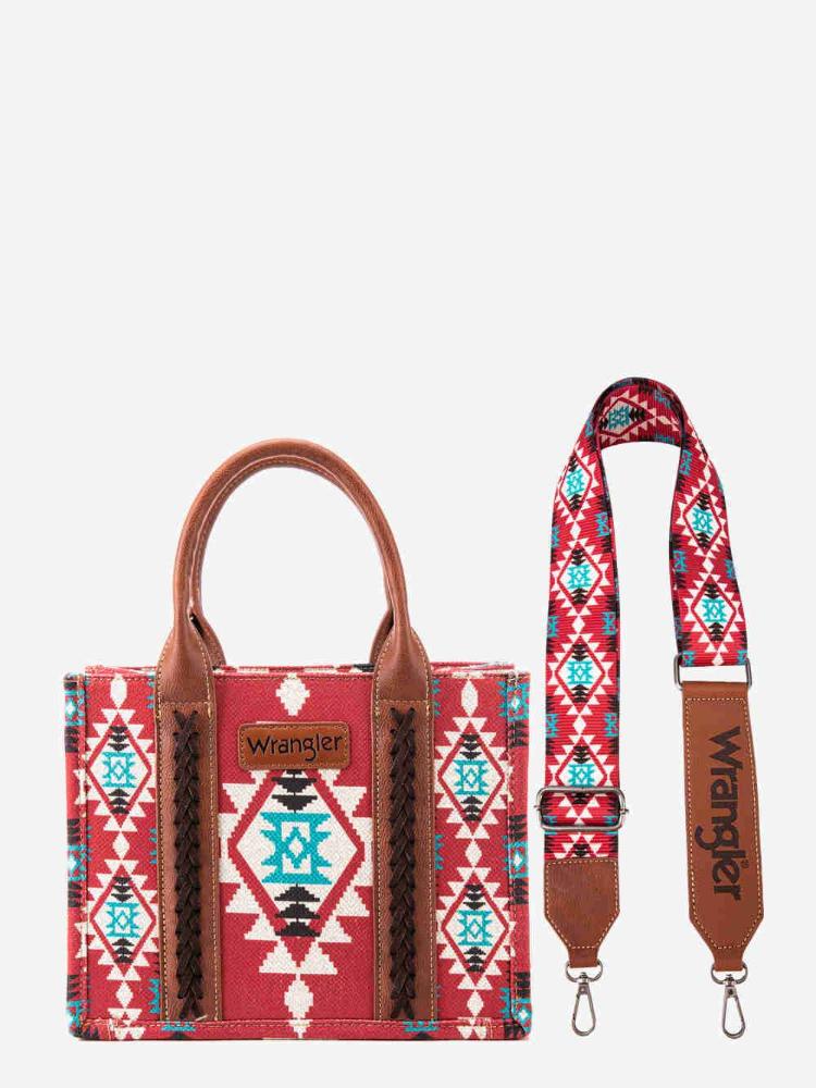 Montana West Wrangler Aztec Pattern Dual Sided Print -Tote/Crossbody -Burgundy-WG2209-8120SBUR