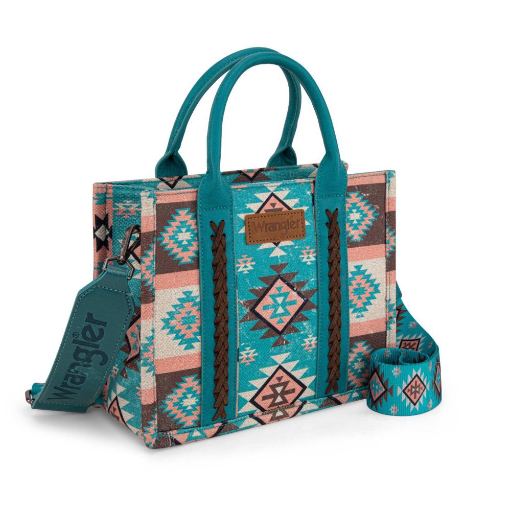 Montana West Wrangler Aztec Pattern Dual Sided Print -Tote/Crossbody -Turquoise-WG2209-8120STQ