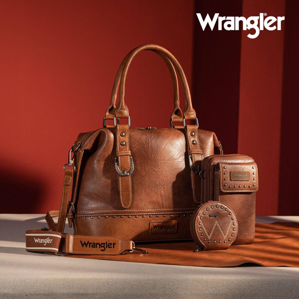 Montana West Wrangler 3Pcs Set Buckle Classic Barrel Satchel With Phone Wallet Crossbody -Br-WG48S-S5110BR