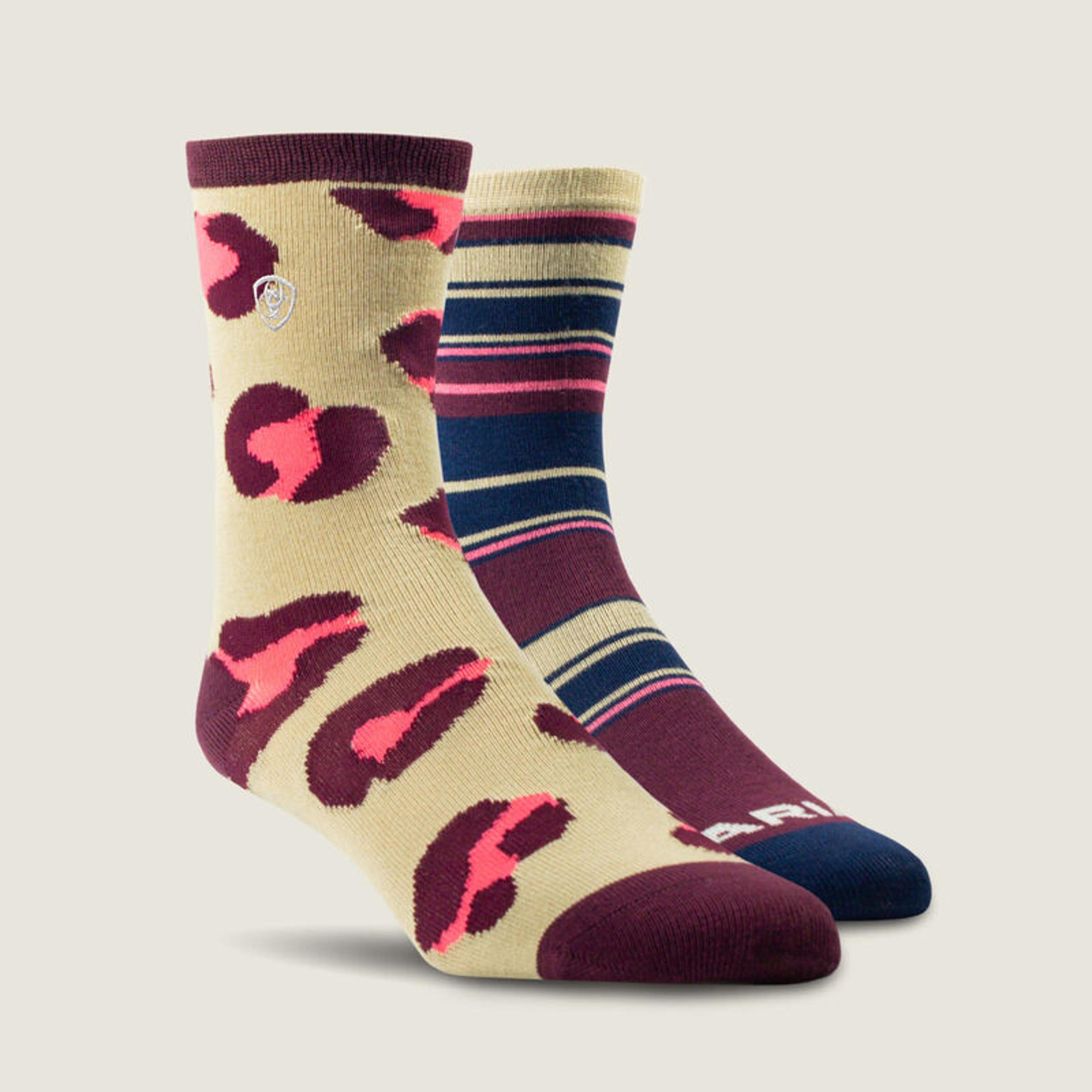 Ariat Womens Cheetah/Stripe Crew Sock 2pk-AR4685-981