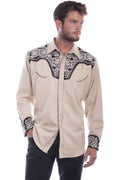 Scully Mens Floral Tooled Shoulders Shirt-P-634TAN