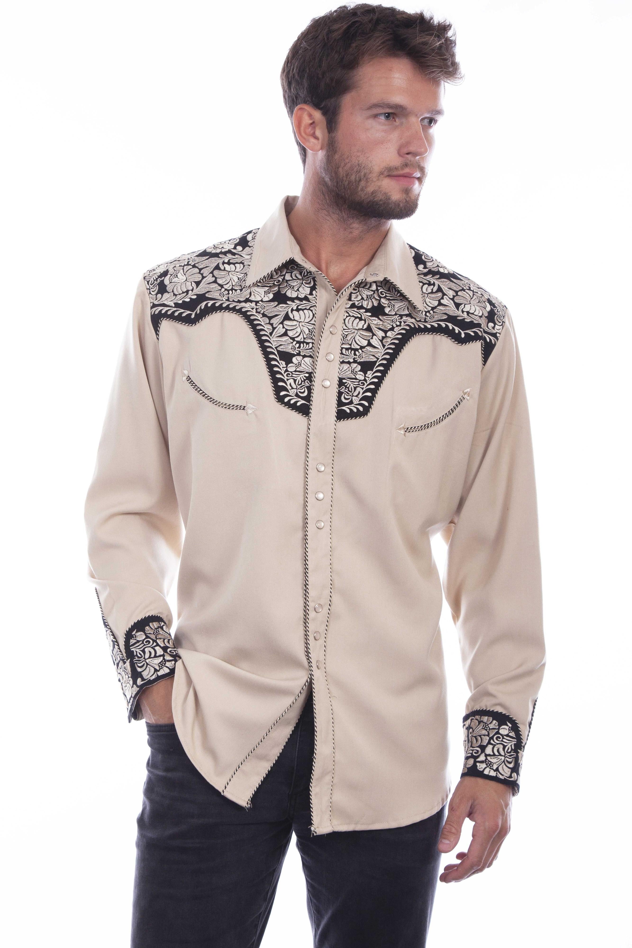 Scully Mens Floral Tooled Shoulders Shirt-P-634TAN