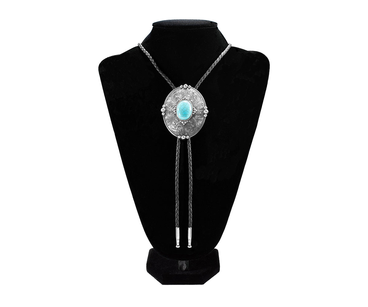 Turquoise Stone Beaded Edge Adult Bolo Tie - 22435