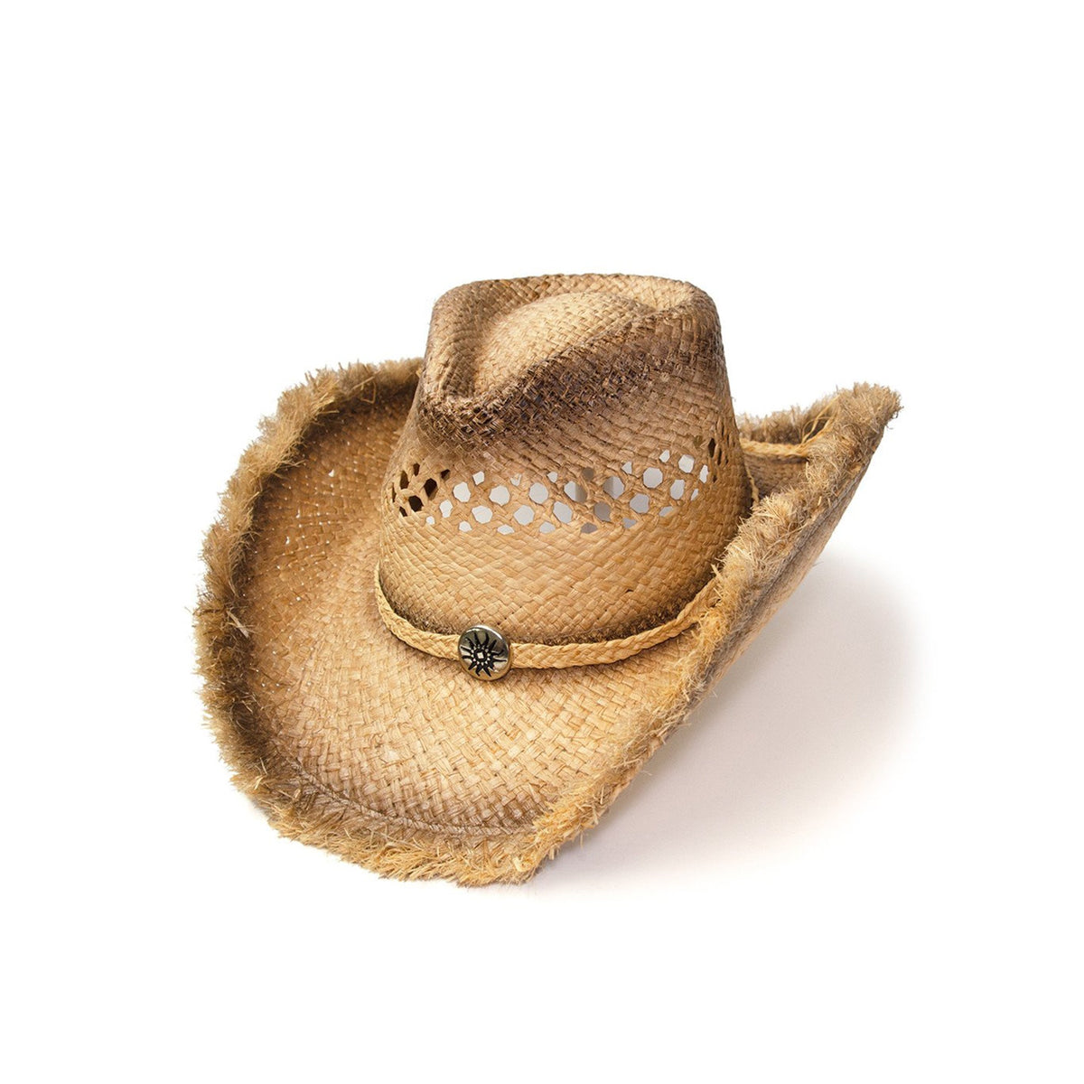 Western Express Inc Raffia Straw Western Pinch Front Hat With Frayed Edge-RA-303