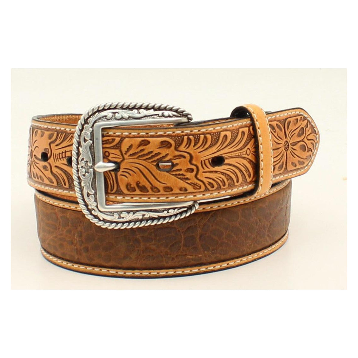 M and F Western Belt- Tooled Tab Dist Brown - Mens