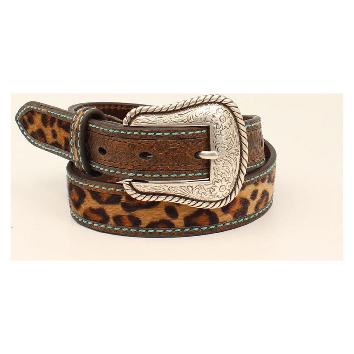 M and F Western Ariat 1 1/4" Girls Belt Leopard Turquoise Stitching Br