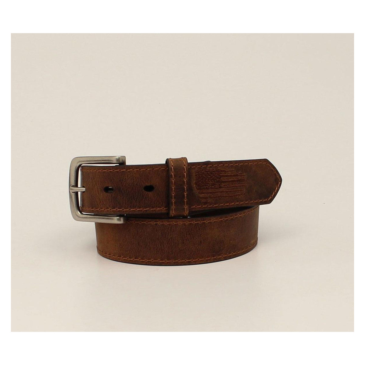 M and F Western Ariat Boys Belt 1 1/4 Stitch Usa Flag Shield Brown - M