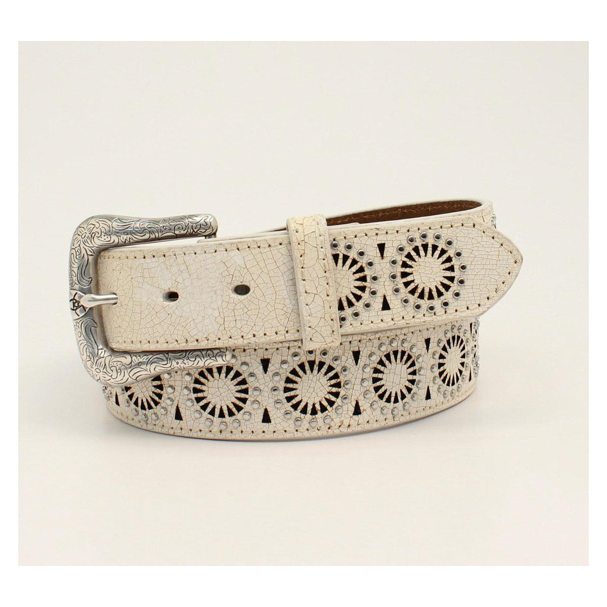 M and F Western Ariat Womens Studded Sunburst White Belt - Mens