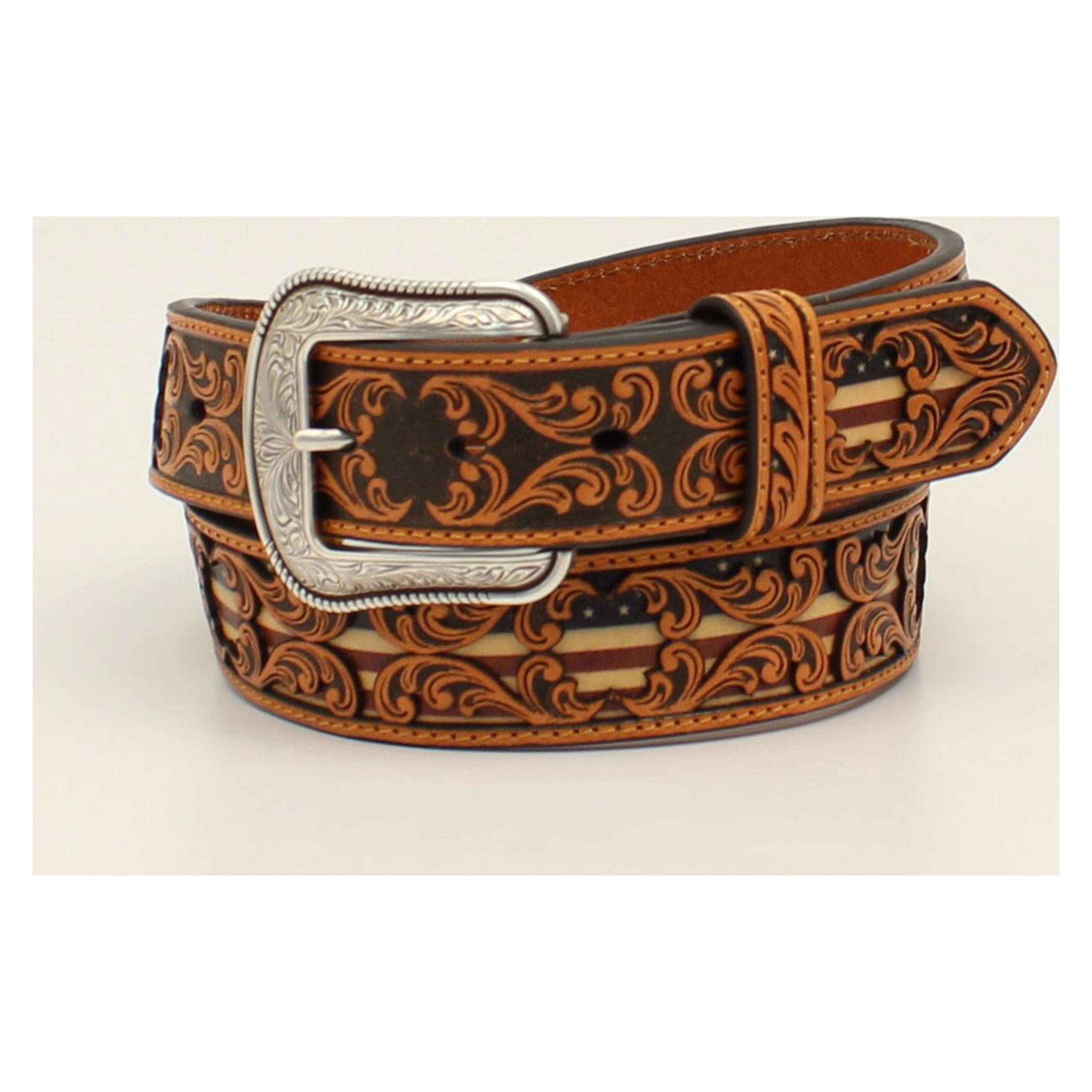 M and F Western 1 1/2 Tooled Leather Belt with USA Flag Underlay Tan -
