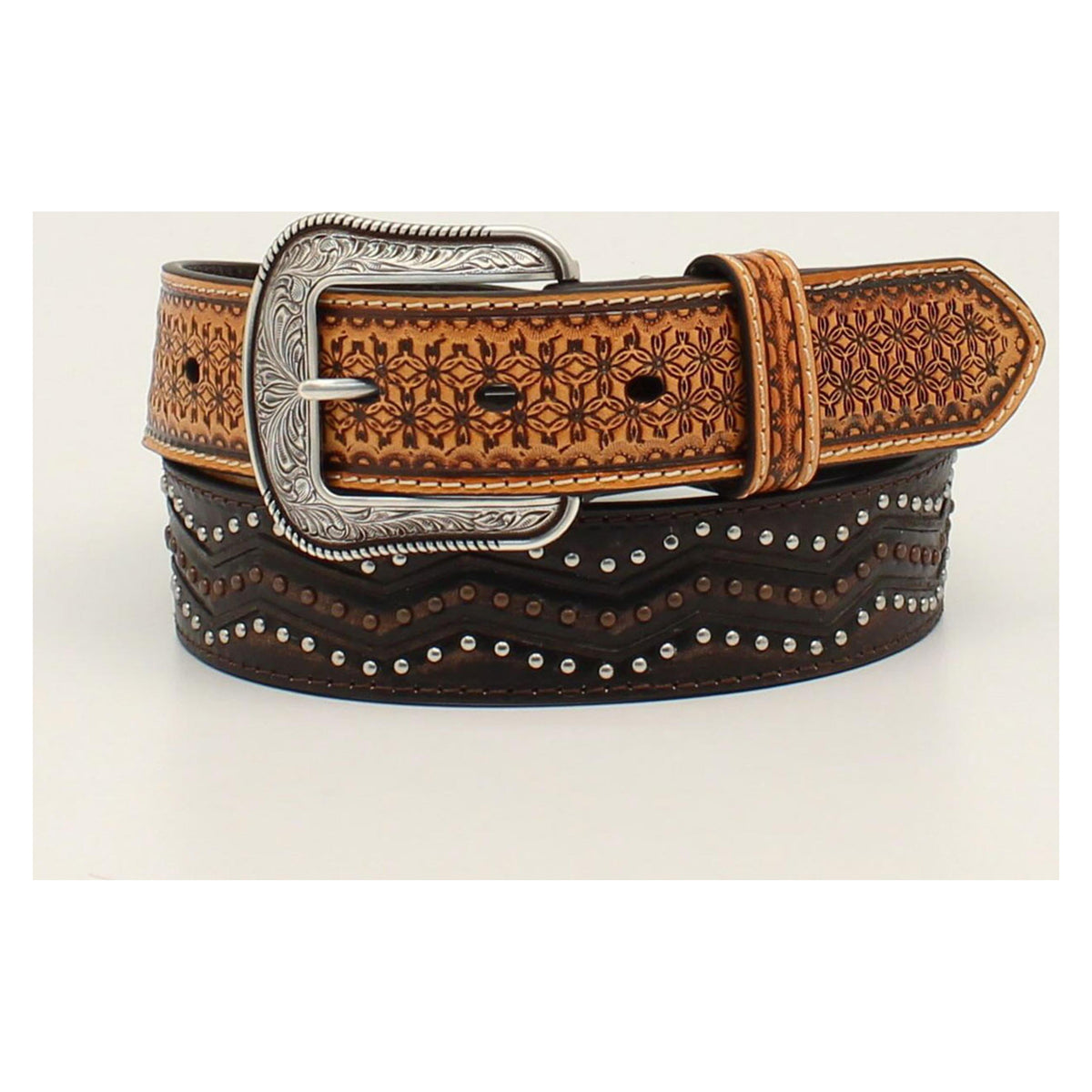 3D Mens 3-d Belts Tan/brown Tooled Belt With Silver/coppe-D100012502