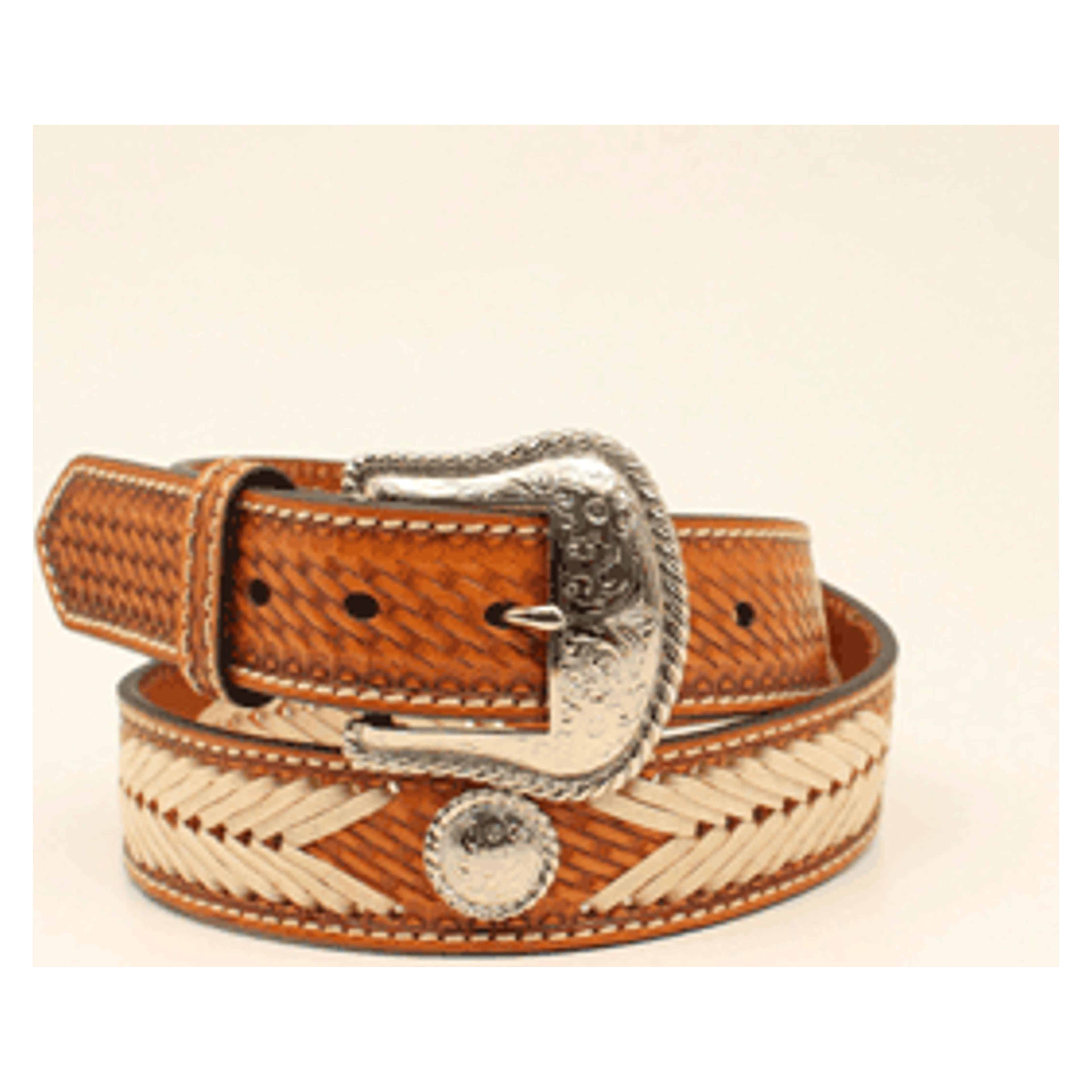 M and F Western Mens Brown Basketweave Belt With Rawhide Chevron Lacin