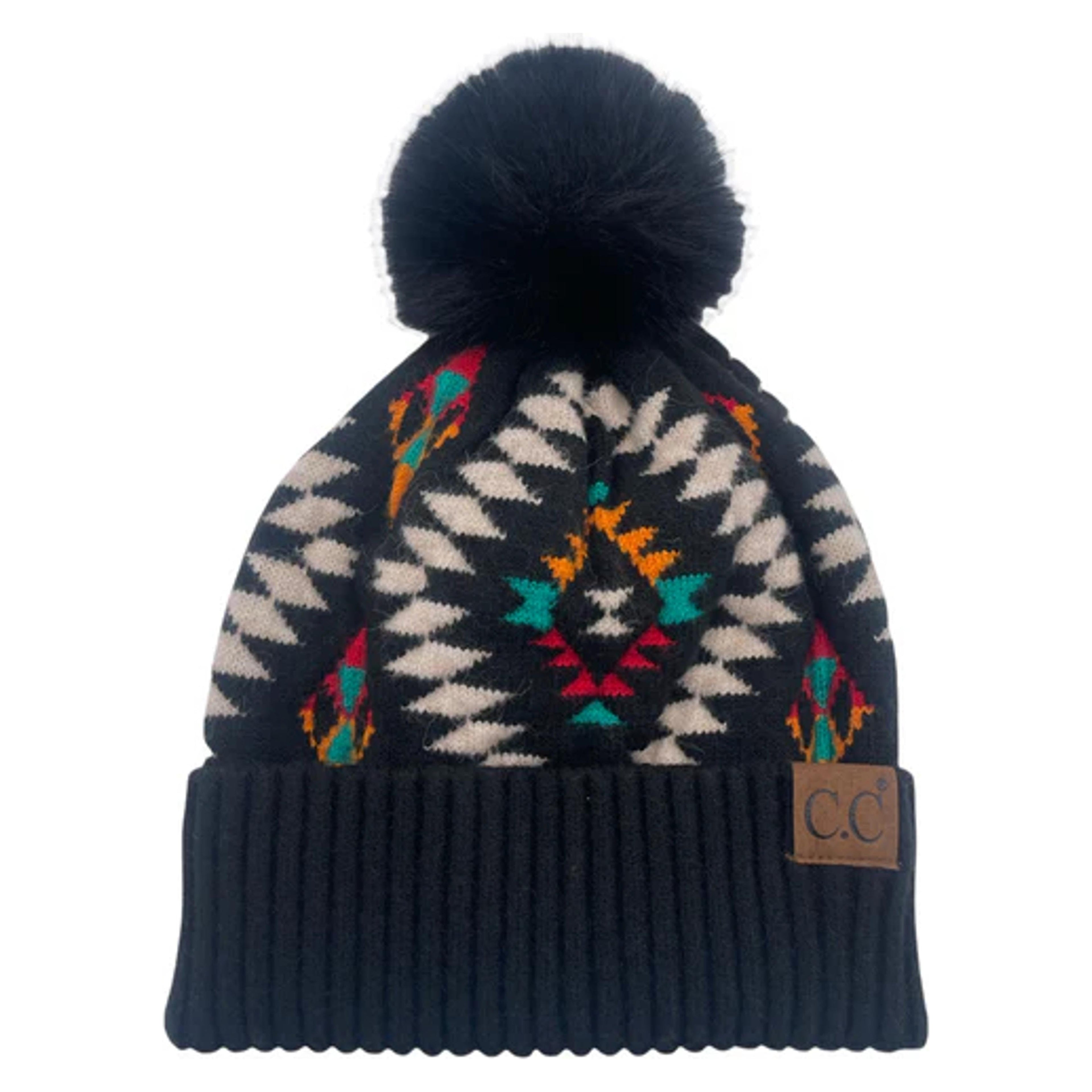 Girlie Girl Aztec Beanie Faux Fur Pom-HAT3001-BLK
