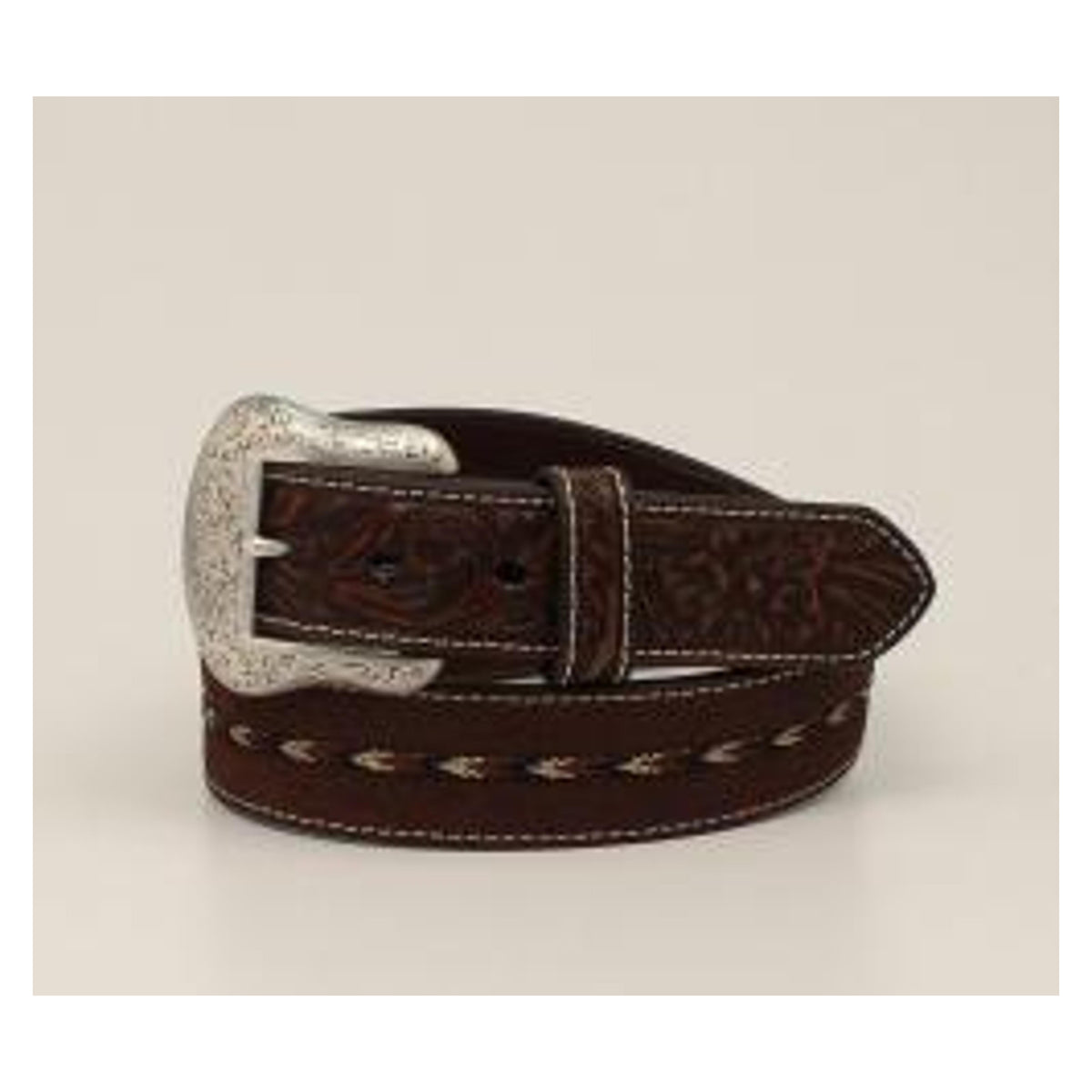 M and F Western Ariat Mens Belt 1 1/2" Tooled Tab Braided Strap Brown