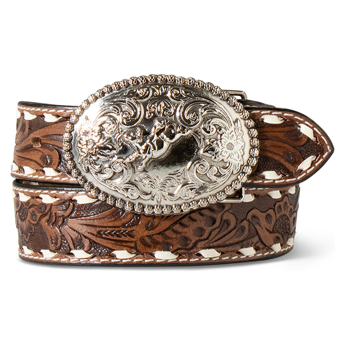 M and F Western Ariat Boys Belt 1 1/4" Hand Tooled Floral Buck Lacing