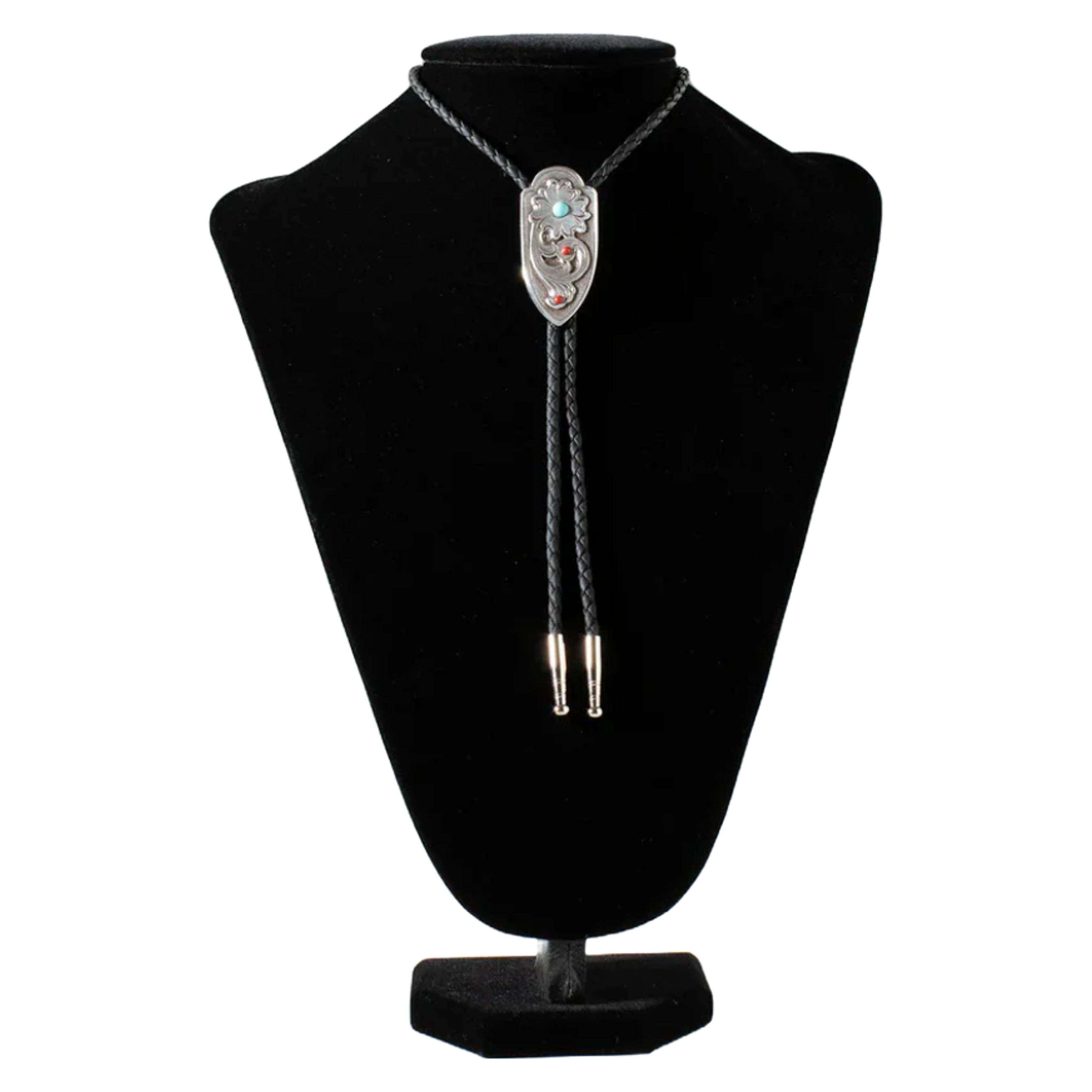 M and F Western Double S Bolo Tie Arrow Floral Turquoise Red