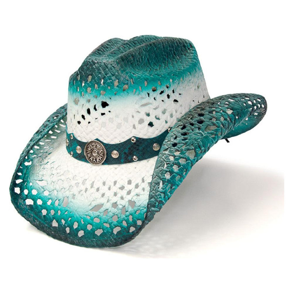 Western Express White With Aqua Trim Straw Hat-LIN-79