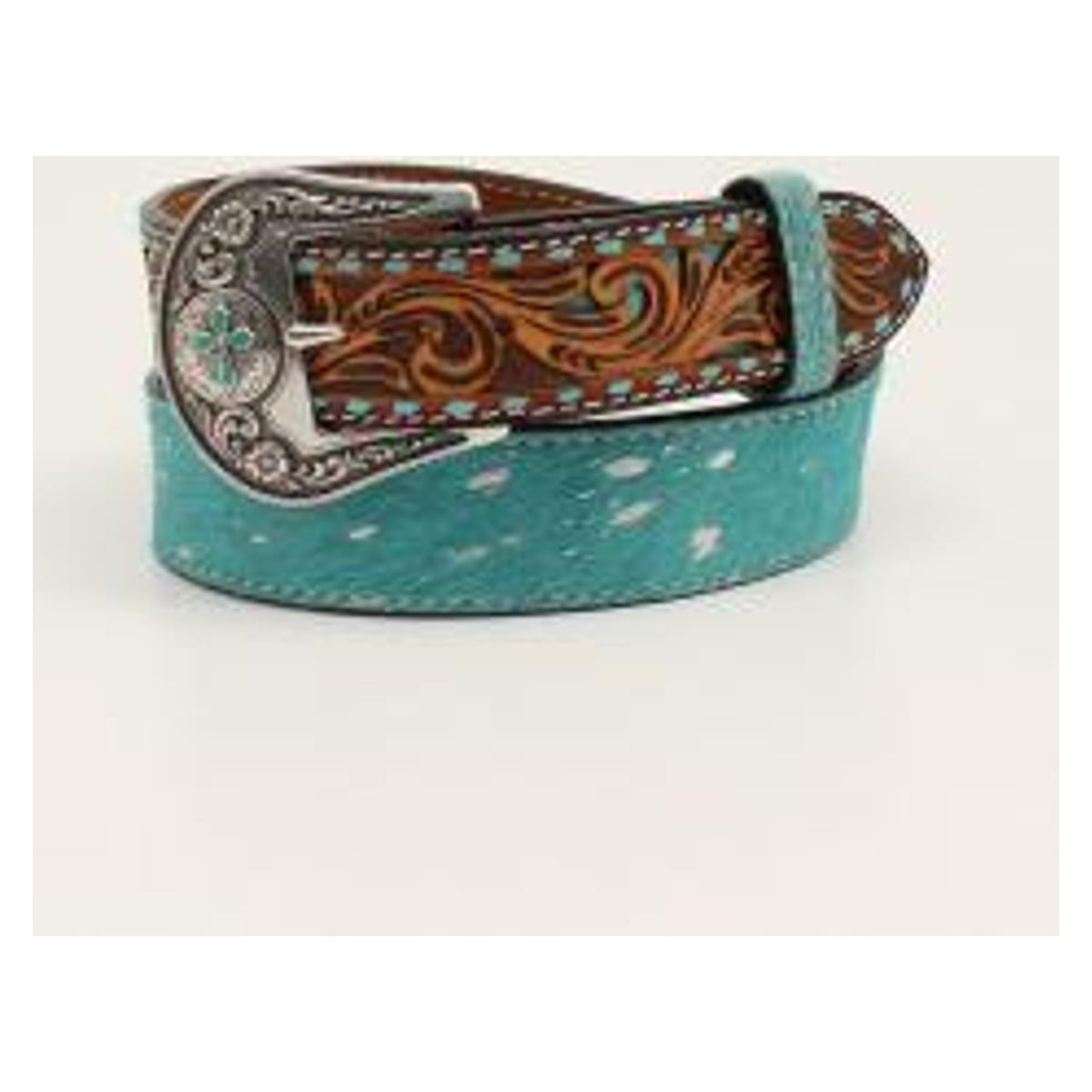 Angel Ranch Womens Hand Tooled Calf Hair Belt Turquoise-D140001433