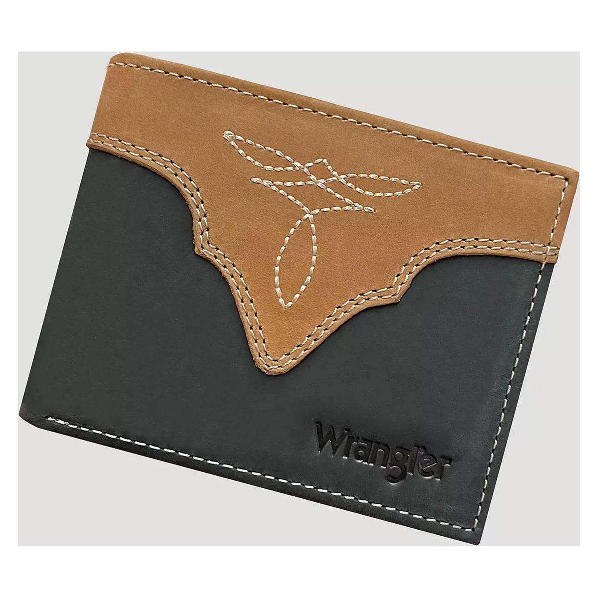 Wrangler Crazy Horse Leather Toe Bug Stitch Bifold Wallet Black/Tan-7601002-009